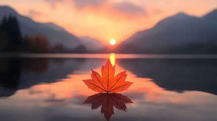 Autumn sunset, leaf on calm lake, mountain backdrop, nature serenity