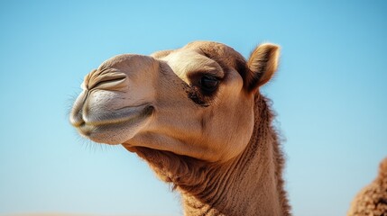 Obraz premium Close-up of a camel's face under a clear blue sky, showcasing its features and expressions.