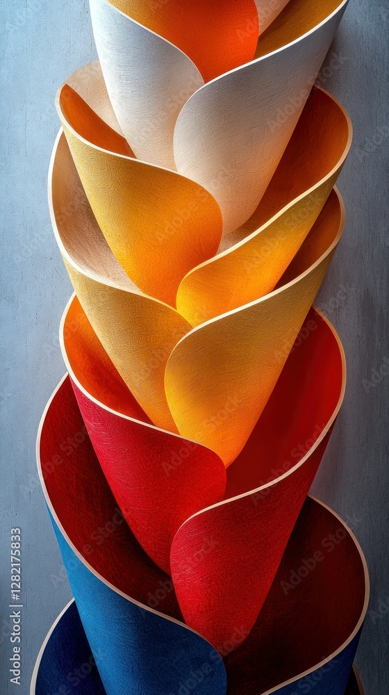 Poster colorful tower of paper cones stacked in a studio. abstract backdrop use