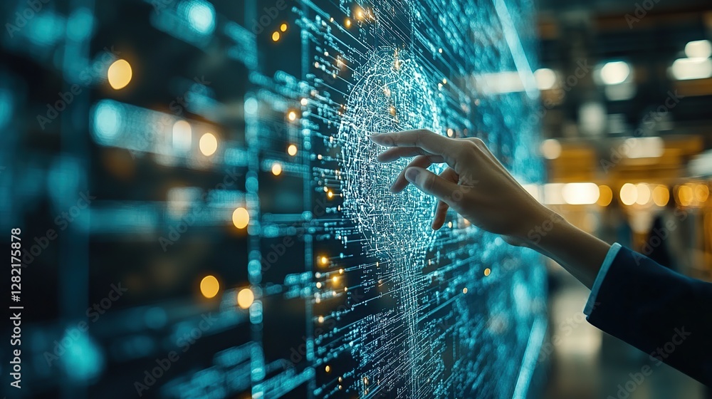 Poster hand interacting with holographic data visualization in industrial setting