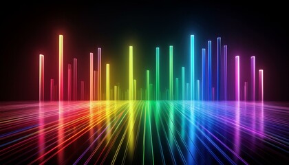 glowing spectrum rainbow light gradient with reflective floor on black dark background