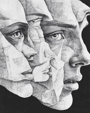 Surreal black and white drawing of fragmented human faces