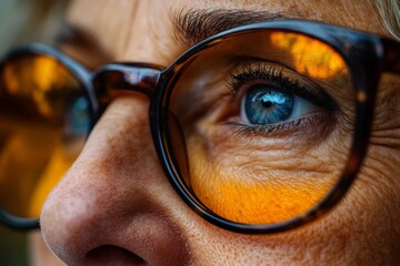 Close-up of a woman with vibrant blue eyes and stylish sunglasses in natural light during an outdoor setting