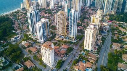 Fototapeta premium Aerial View of Modern High-Rise Buildings Overlooking Urban Coastal Cityscape at Sunset