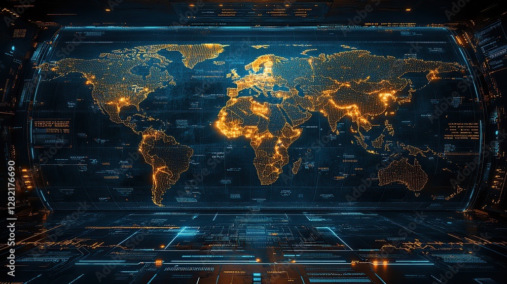 Poster global interactive map displayed on futuristic dashboard, with data streams in the background. possi