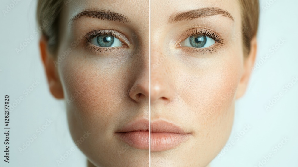 Leinwandbilder Womans face split screen showing wrinkles on the left and a smooth appearance on the right for comparing aging effects. Generative AI