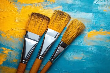 Fototapeta premium Brightly colored paintbrushes resting on a vibrant yellow and blue textured surface created by artistic strokes