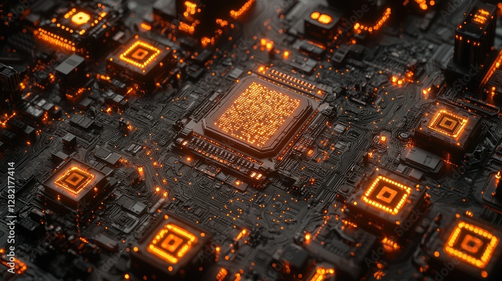 Poster complex technology glowing circuit board detail showcases intricate data processing