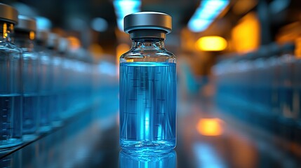 Pharmaceutical vial in a sterile laboratory setting with many vials in background
