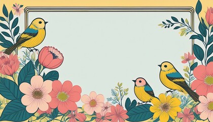 Fototapeta premium illustration of flowers and little birds with frame picture for poster postcard and picture frame