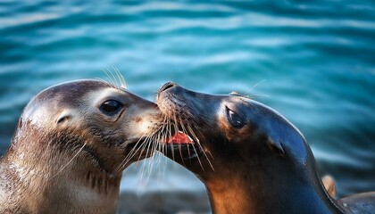 Obraz premium snickering out boisterous amusing creature meme picture of cheerful creatures having fun silly natural life picture of two wonderful neighborly dim seals playing around and clearly