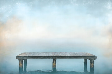 Tranquil Pier Embracing Dawn Reflections with Weathered Wood and Gentle Waves in Serene Landscape