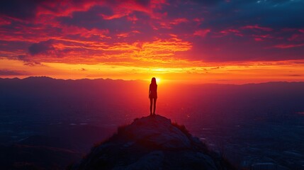 Fototapeta premium Woman on Mountaintop at Sunset overlooking City