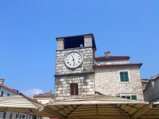 Clock tower on Old Town of Kotor, Montenegro. Kotor, Montenegro. August 2013.
