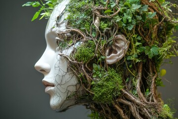 Creative sculpture of a person with a face made from natural elements including moss and vines showcasing environmental artistry