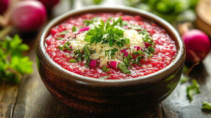 Delicious homemade red risotto with radicchio and parmesan in a bowl on a kitchen table symbolizing comfort gourmet cuisine and modern culinary art with vibrant flavors and fresh ingredients

