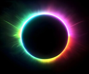 Colorful solar eclipse with vibrant light effects over a dark background occurring during daytime