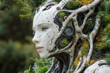 Robot sculpture with organic elements displayed outdoors, showcasing intricate details and a blend of technology and nature