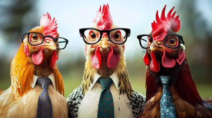 Three Chickens in Ties and Glasses Attending a Formal Event