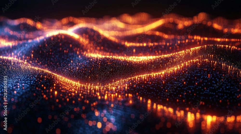 Poster abstract representation of glowing waves in a dark environment, showcasing vibrant colors and depth