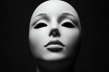 White mannequin head with serene expression and smooth features against black backdrop in artistic composition