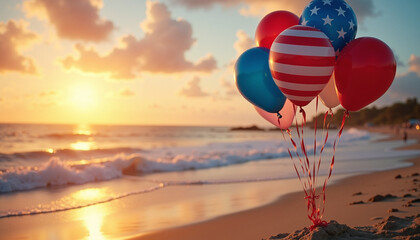 Colorful balloons celebrating sunset on beach
