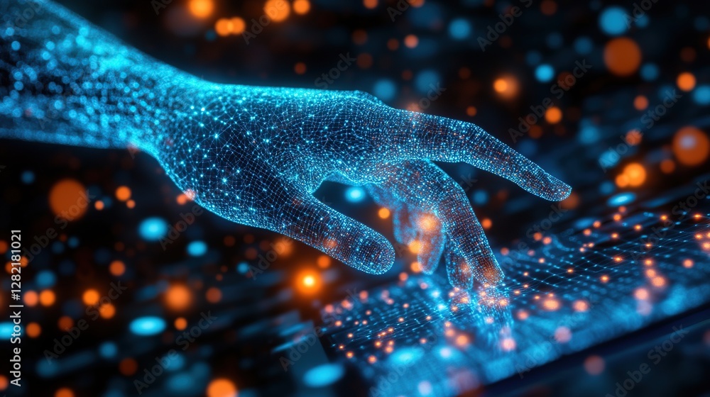Poster digital hand interacting with holographic keyboard in data network