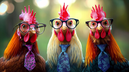 Three Dapper Roosters in Glasses and Ties