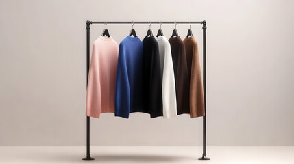 Colorful Sweaters Displayed on a Rack in Minimalist Setting