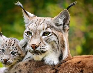 Obraz premium Mother lynx and her playful cub enjoy a peaceful moment in the forest