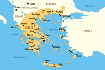 Vector Map of Greece with Major Cities and Neighboring Countries – Infographic Illustration