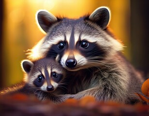 Fototapeta premium Mother raccoon cuddles with her baby in a warm, autumn setting with vibrant foliage