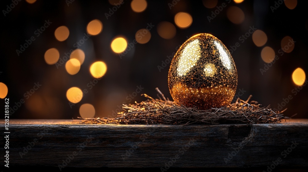 Poster a shimmering golden egg resting on a nest, illuminated by soft bokeh lights in the background