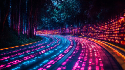 Dynamic digital stream of binary code forming twisted tunnel in cyberspace symbolizing high-speed internet global connectivity and big data flow in modern digitalization era