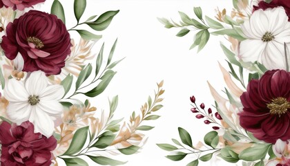 watercolor floral seamless border green leaves burgundy maroon pink peach blush white flowers leaf branches wedding invitations greetings wallpapers fashion prints eucalyptus olive rose peony