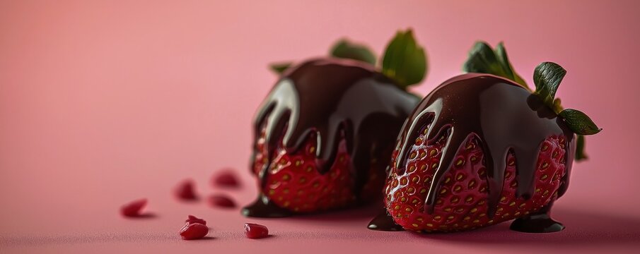 Fresh strawberries covered in chocolate on a pink background