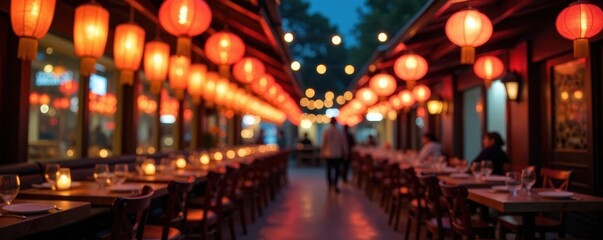Soft focus on lanterns and lights of a night festival in a restaurant, ambiance, decor