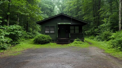 Forest cabin in rainy weather; secluded retreat; quiet escape