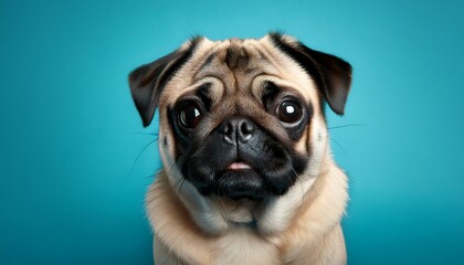 cute pug dog isolated on cyan blue background