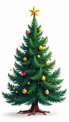 Fototapeta premium Stylized Christmas tree, gold star detail Bold brushstrokes, white backdrop , tree, painted