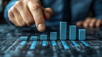 Business professional analyzing growth trends with blue bar graphs on a dark wooden desk