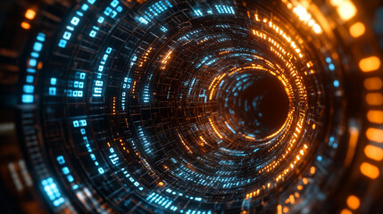 Dynamic digital stream of binary code forming twisted tunnel in cyberspace symbolizing high-speed internet global connectivity and big data flow in modern digitalization era