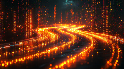 Dynamic digital stream of binary code forming twisted tunnel in cyberspace symbolizing high-speed internet global connectivity and big data flow in modern digitalization era