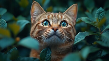 Adorable Cat Peeking Through Leaves with Big Bright Eyes Photo