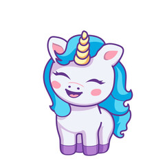 Smiling baby Unicorn, isolated. Kawaii children's colorful print, poster, elememt for design of clothing, textiles, rooms.