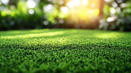 Naklejka premium A close-up of soft, fresh moss carpeting a forest floor with sunlight filtering through the trees.