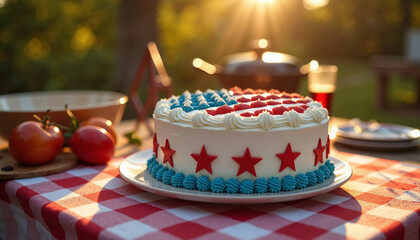 Patriotic cake with red, white, and blue decorations on picnic table