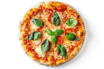 Pizza. Pizza Margherita. Classic Italian Neapolitan Pizza with Fresh Tomato Sauce, Mozzarella Cheese, and Basil Leaves, Traditional Pizza Margherita Isolated on White on a Background with Copy Space.