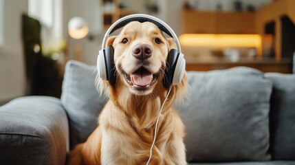 curious golden retriever sitting on a couch, wearing wireless headphones and bobbing its head to music, with a cozy living room setting and soft lighting in the background