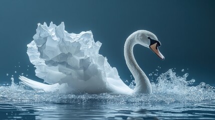 Obraz premium Elegant swan gliding through water with a backdrop of serene blue and splashes of foam